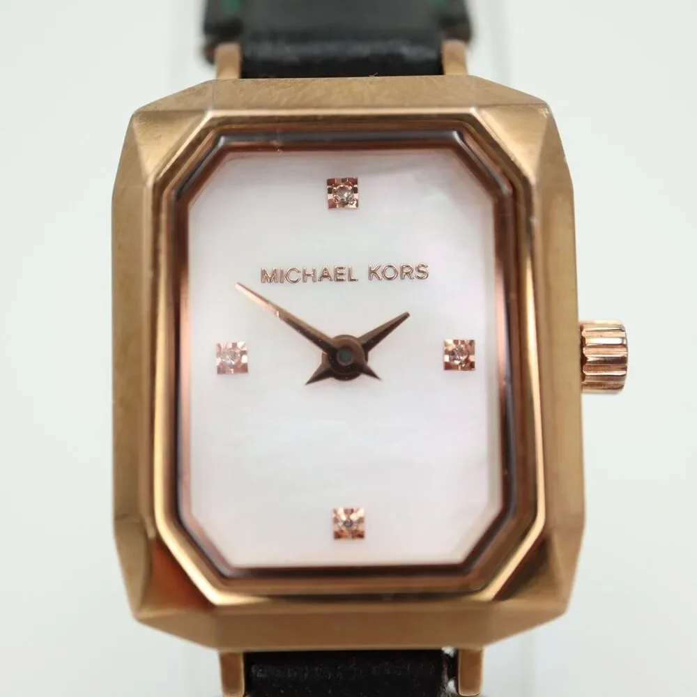 Michael Kors Alane Watch 18mm Rose Gold Tone MOP Rectangle Tank Leather MK2923